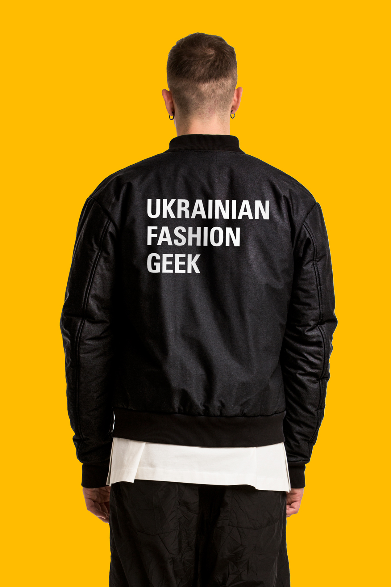 Demi-season puffed bomber with Ukrainian Fashion Geek print by FINCH