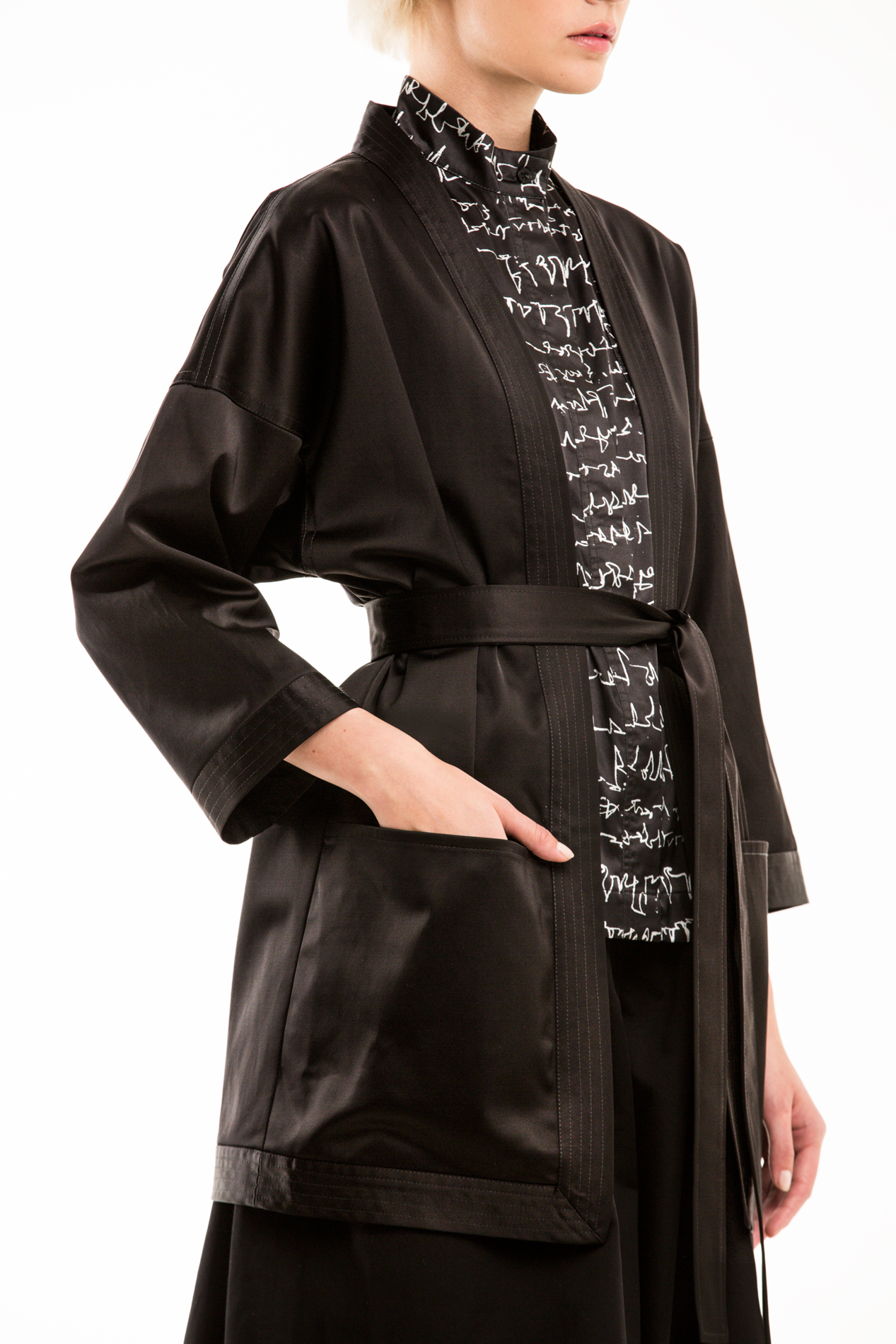 Black satin kimono with pockets | Designer clothes FINCH