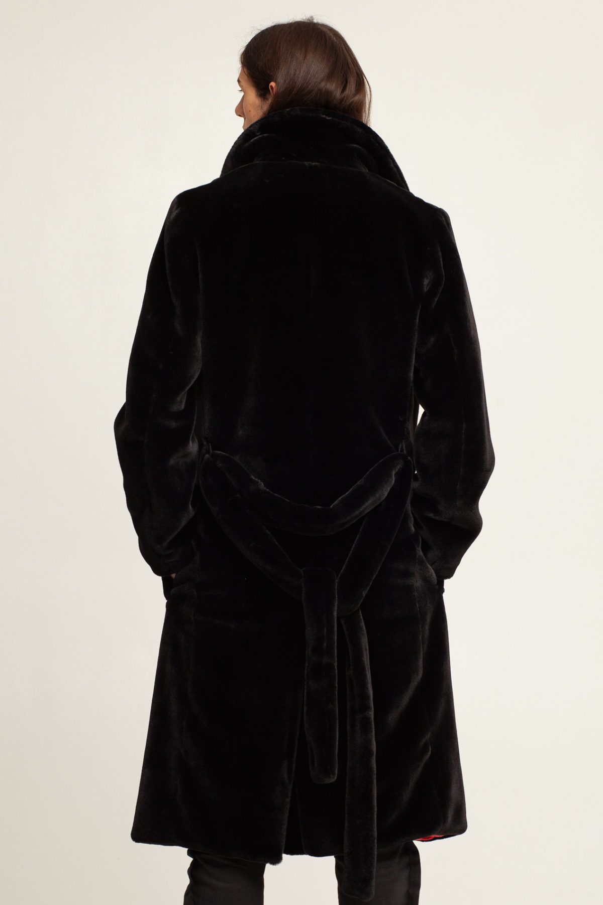 Men's black warm faux fur coat by FINCH, bespoke | worldwide shipping
