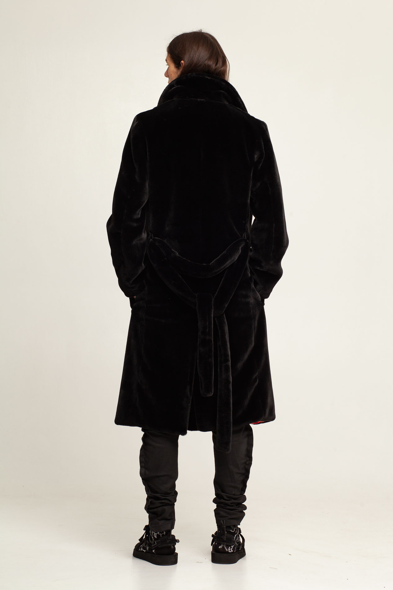 Men's black warm faux fur coat by FINCH, bespoke | worldwide shipping
